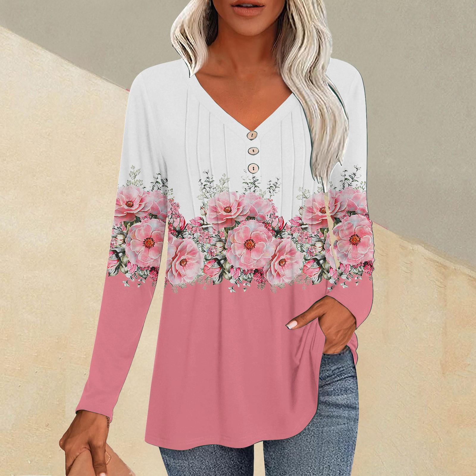 

Модные топы, повседневная плиссированная футболка с V-образным вырезом и растительным принтом, длинный рукав XL киноварь