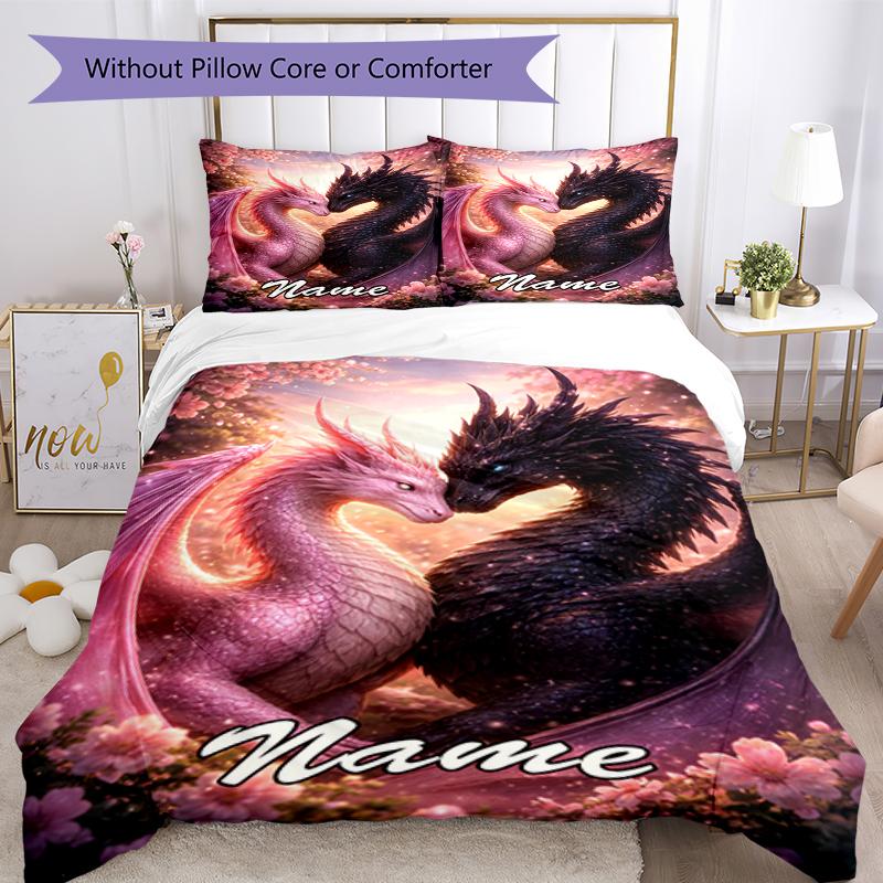 3pcs Custom Name Dragon Bedding Set Duvet Cover Closure Includes 1 Duvet Cover & 2 Pillowcases, Soft and Comfortable for All Seasons.