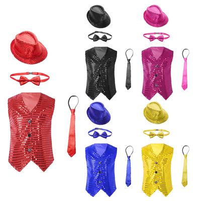 Jungen Glänzende Paillettenweste Ärmellos V-Ausschnitt Design Knopfleiste Jazz Tanzkostüm Westen-Set