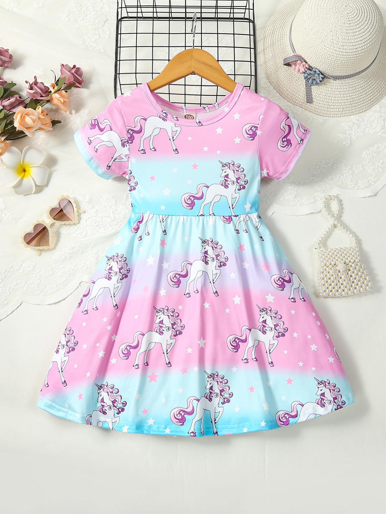 

Girls blue with pink printed round-neck short-sleeved dress suitable for ages 2-7 90 розовый/синий