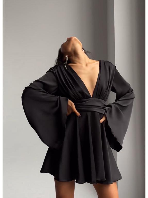 European & American Party Satin Bell Sleeve V-neck Waist-Cinching Short Dress