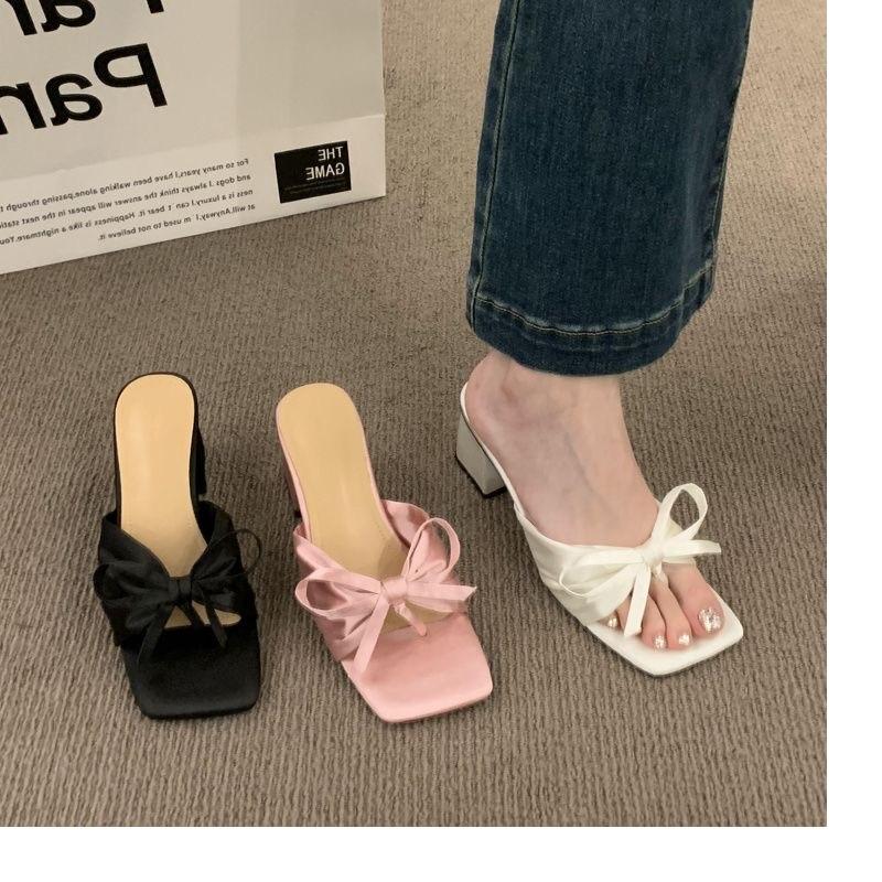 2025 New Women's Lightweight High-heeled Flip Flops, Women's Clip on Strap Bow Slippers, Women's Open Toed Beach Sandals