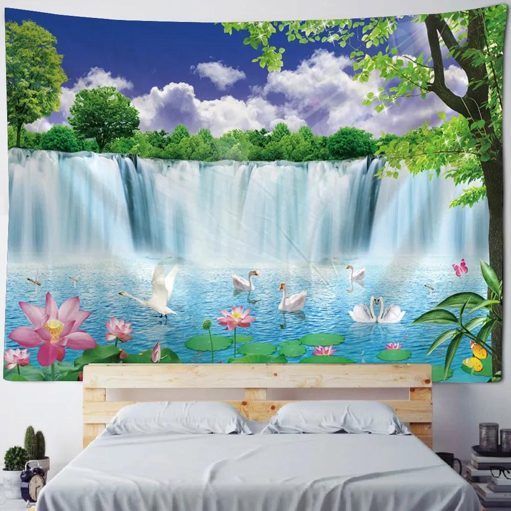 Schöne Waldwasserfall-Wandteppich Wohnzimmer Stoff Wandbild Heimdekoration Wandtuch Strand Picknick-Tischdecke Schlafmatte