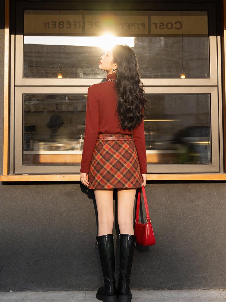 Fei Yuan Plaid Belted Red Skirt - Festive Autumn/Winter Style