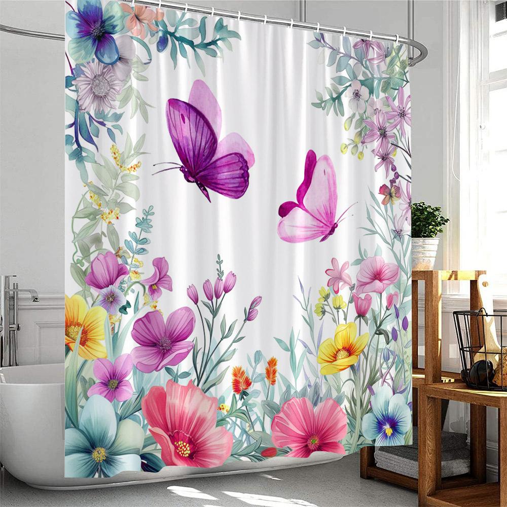 Butterfly Floral Shower Curtain Rose Flowers Plant Botanical Bathroom Decor Elegant Polyester Fabric Bath Curtain with Hook