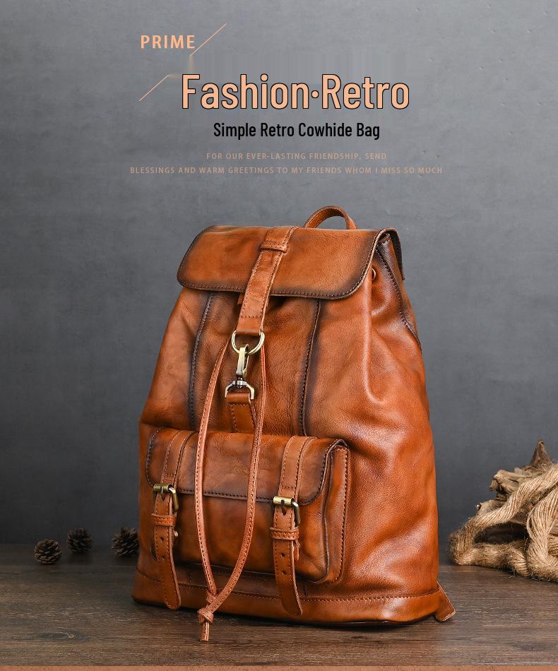 Chaozhou Vintage Handmade Leather Backpack for Casual Travel, 14-Inch Laptop Bag
