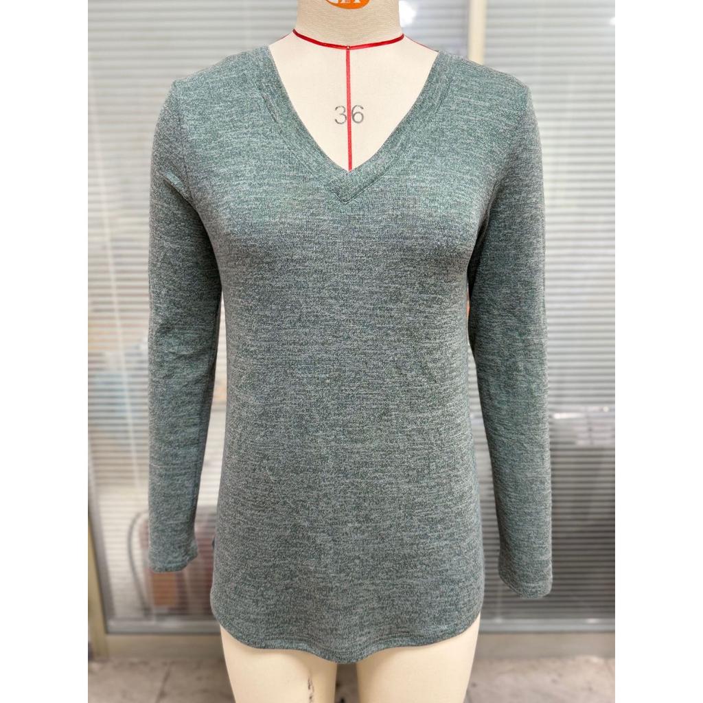Fall Winter New Solid Color V-Neck Loose Long Sleeve T-Shirt Top for Women Cross-Border Casual Wear Ready to Ship