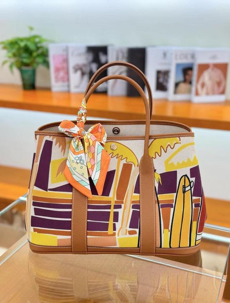 Women's Genuine Leather Garden Tote - 2025 Canvas & Cowhide, Large Capacity, Contrast Color Shoulder Bag