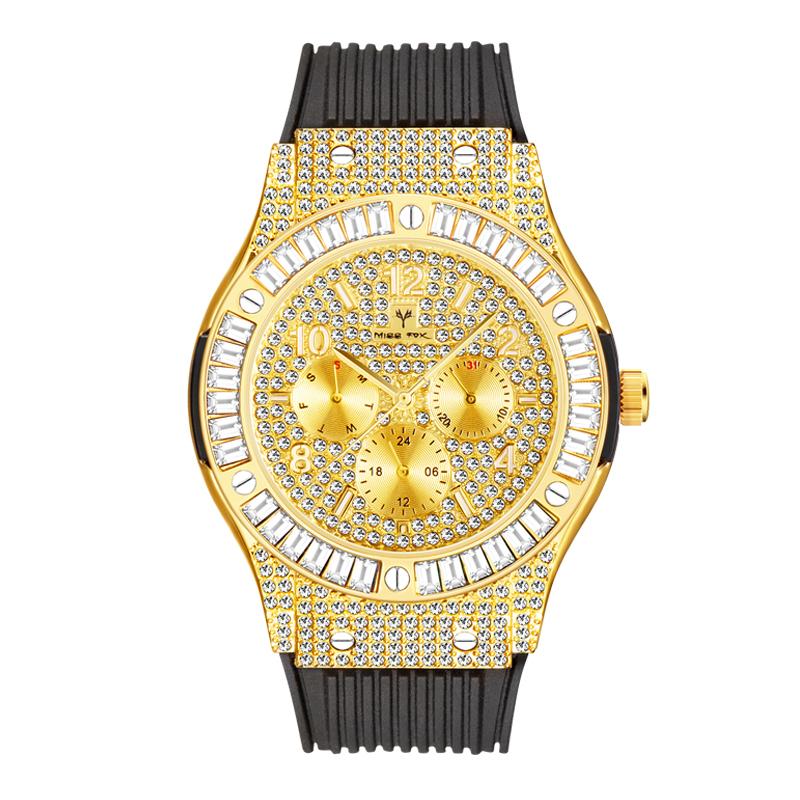 44mm Men's Watch Waterproof Rainbow Diamond Case Luxury Gold Quartz Watches For Male Week Day Display Rubber Strap Hand Clock