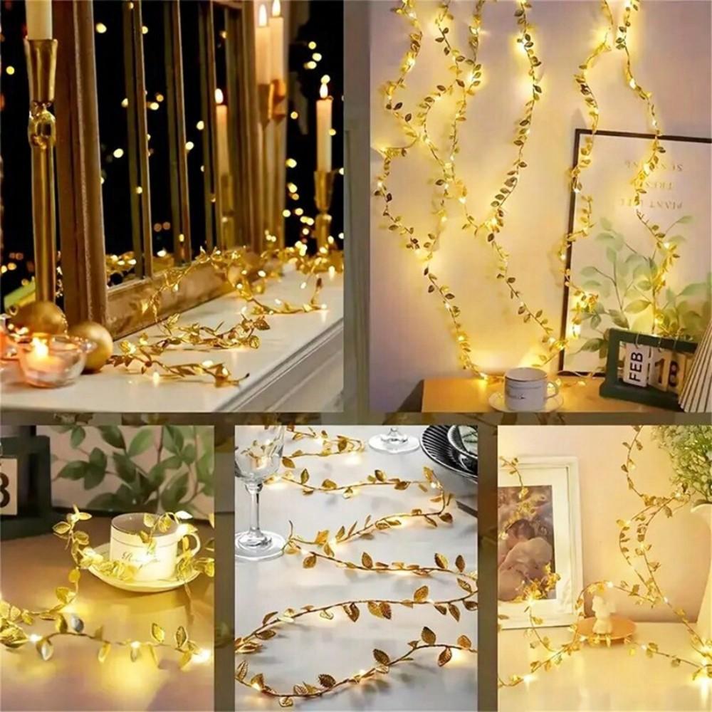 Golden Leaf Garland Fairy Lights String Lighting, Battery Operated Elegant Decoration for Home Weddings Artificial Plant Decor