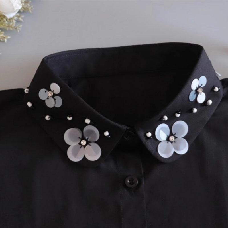 New White Sequined Fake Collar Woman Detachable Collar Women Black Vintage Ladies False Blouse Collar Lapel Cotton Half Shirt