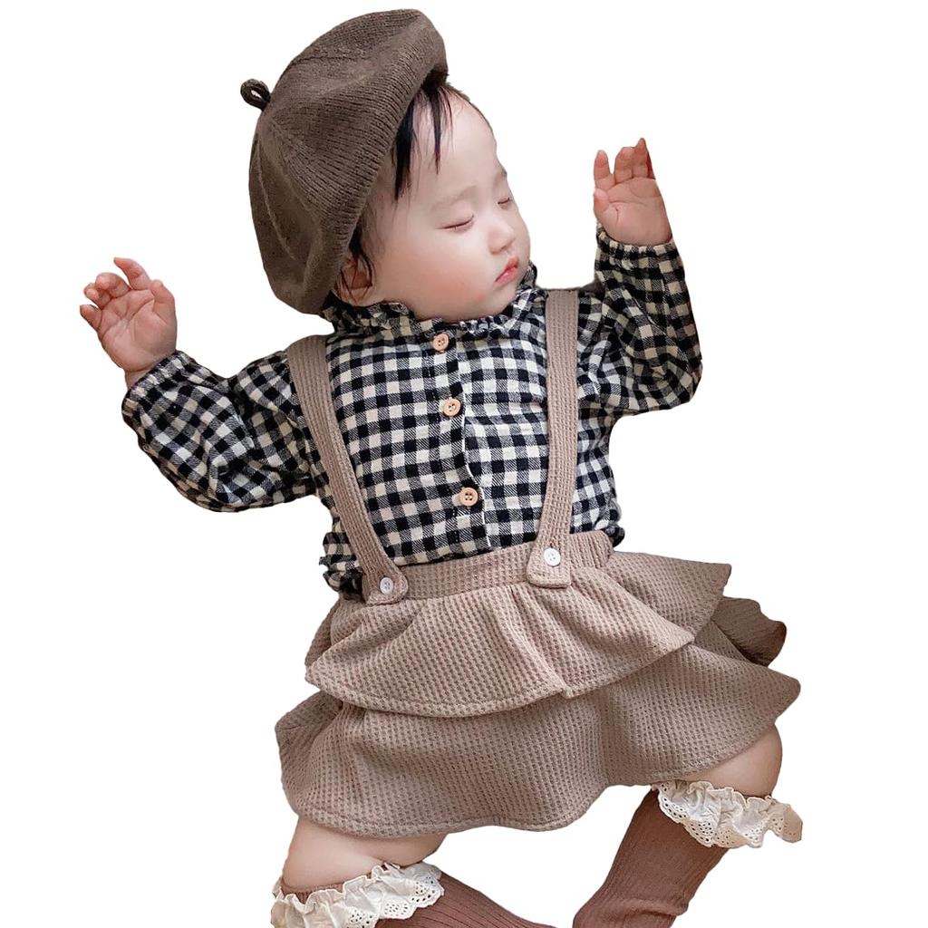 SLINX Baby Dress Small Floral and Checkered Flared 100th Day Korean Perfect for School or PT212 Size Girls' Set, Shirt, Pants, Overalls, Print,