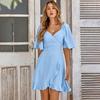 Women Summer Casual V-Neck Short Dress Solid Color A-Line High Waist Above Knee Lotus Leaf Sleeve Spring Dress S-XL