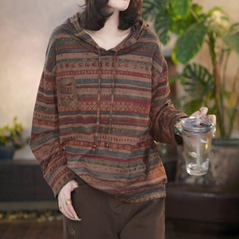 Moda Otoño e Invierno Retro Suelto Casual Versátil Sudadera con Capucha Estampada de Manga Larga Tops de Mujer