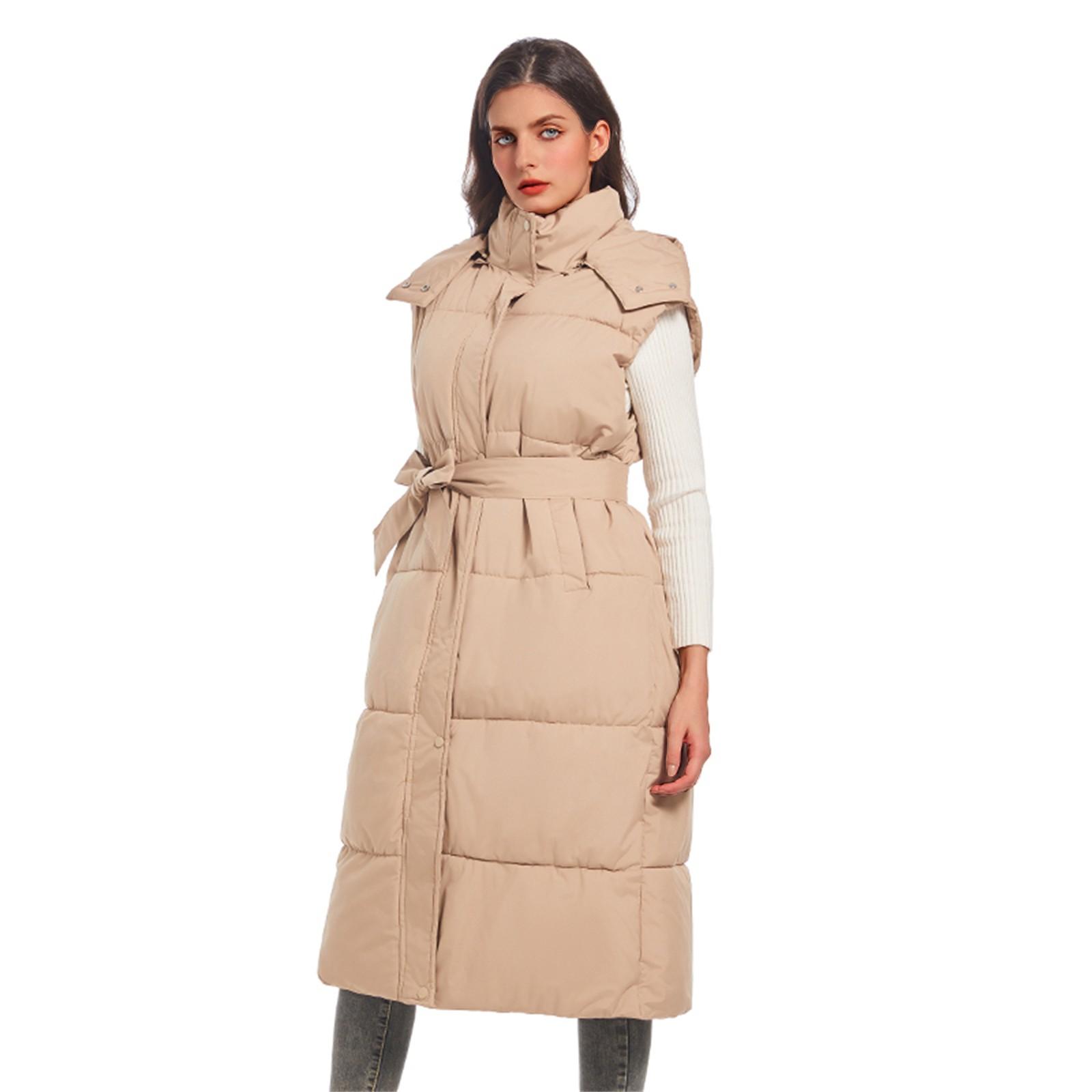 

Женские длинные пуховые жилеты без рукавов с капюшоном на молнии с поясом, стеганое пальто с подкладкой, верхняя одежда XXL хаки