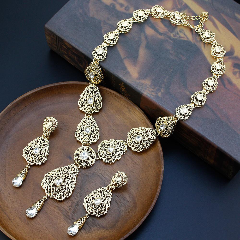 Gold Color Jewelry Sets Long Earring Necklace Set For Women Hollow Arabesque Pendant Necklace Bride Jewelry
