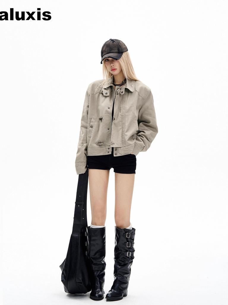 Vintage Distressed Flight Jacket with Button-Down Collar for Women, Autumn Winter New Style Slouchy High-End Couple Workwear Coat Trendy