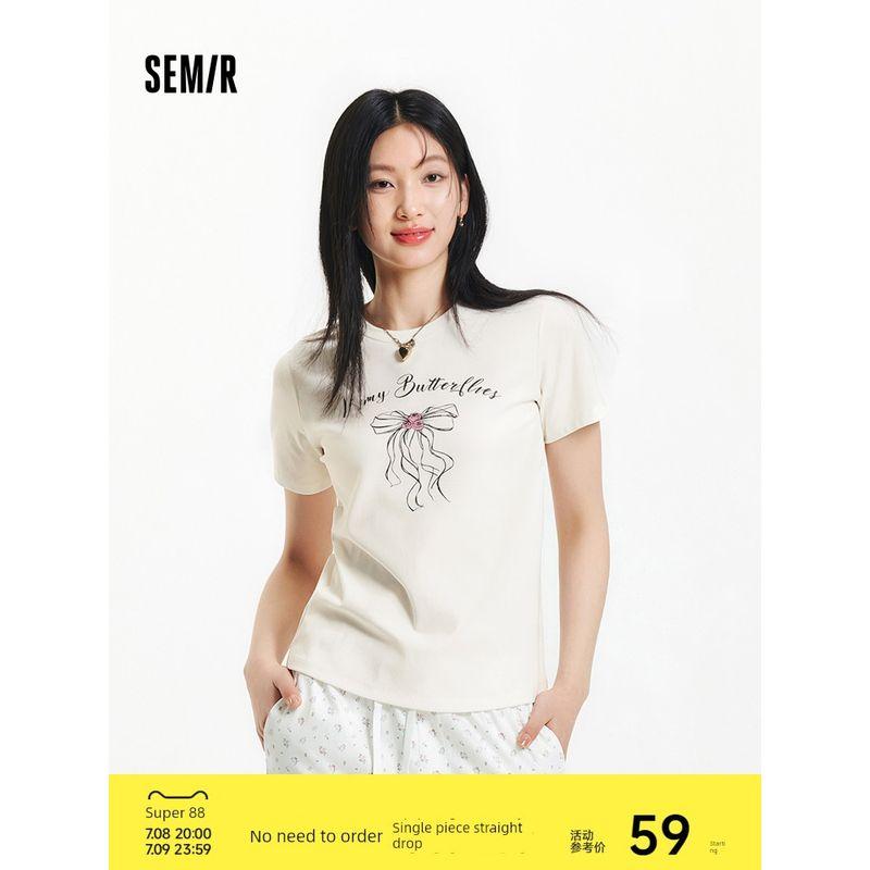 

Senma Short sleeve T-shirt Women round Neck Print Base Shirt Gentle Sweet Girl Summer Bow Clothes Sweet Style Niche White 00311 155/80A/S