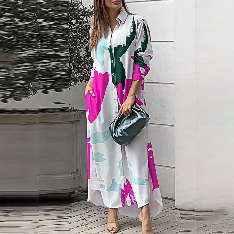 

Lapel Loose Fitting High Waisted Long Shirt Dress Rose Red Print 2XL