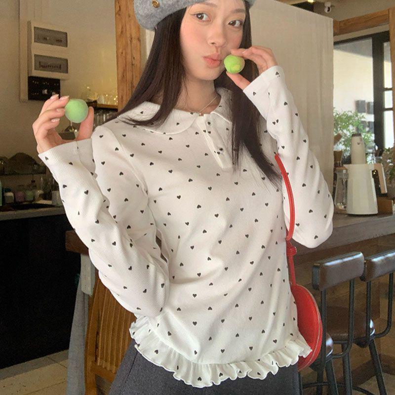 Women's Slim Fit Lace Plush Heart Print Button T-Shirt for Autumn/Winter