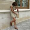 Women's  Spring Summer New Cotton Linen Casual Set Crew Neck Vest + Pleated Mini Skirt Outfit European American Style