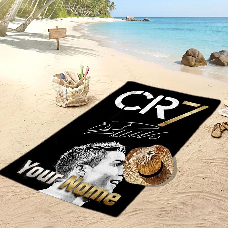 Asciugamano da Spiaggia Personalizzato Stampato Cristiano Ronaldo Logo Calcio Supporto Nome Personalizzato Testo Asciugamano Assorbente Per Sport Viaggio Regalo Speciale
