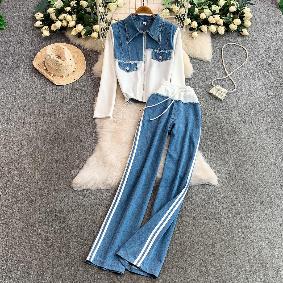 

European & American Style Denim Patchwork Jacket & Fringe Striped Trousers Set L