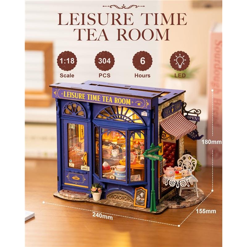 Leisure Time Tea Room DIY Miniature Toy 3D Wooden Puzzle Cozy Tea Room Miniature Openable Design Doll House Birthday Gift for Adults