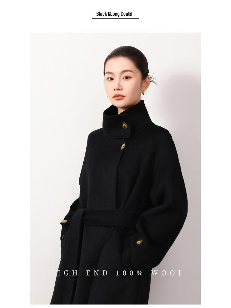 Double-Sided Cashmere Wool Coat, Women's 2024, 100% Wool, Stand Collar, Hepburn Style, Long and Loose Fit.