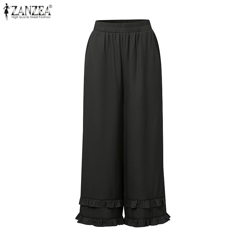 

ZANZEA Women Casual Loose Elastic Waist Ruffled Hem Long Straight Pants 5XL чёрный