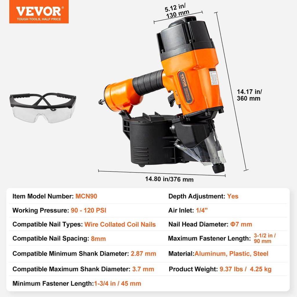 MCN90 Coil Framing Nailer 1-3/4" to 3-1/2" 15 Degree Pneumatic Nail Gun