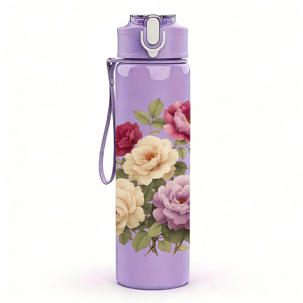 1PC Vintage Rose Floral Bouquet 750ml Color Plastic Sports Water Bottle Leakproof Flip Straw Lid Suitable for Sports Office Home Use