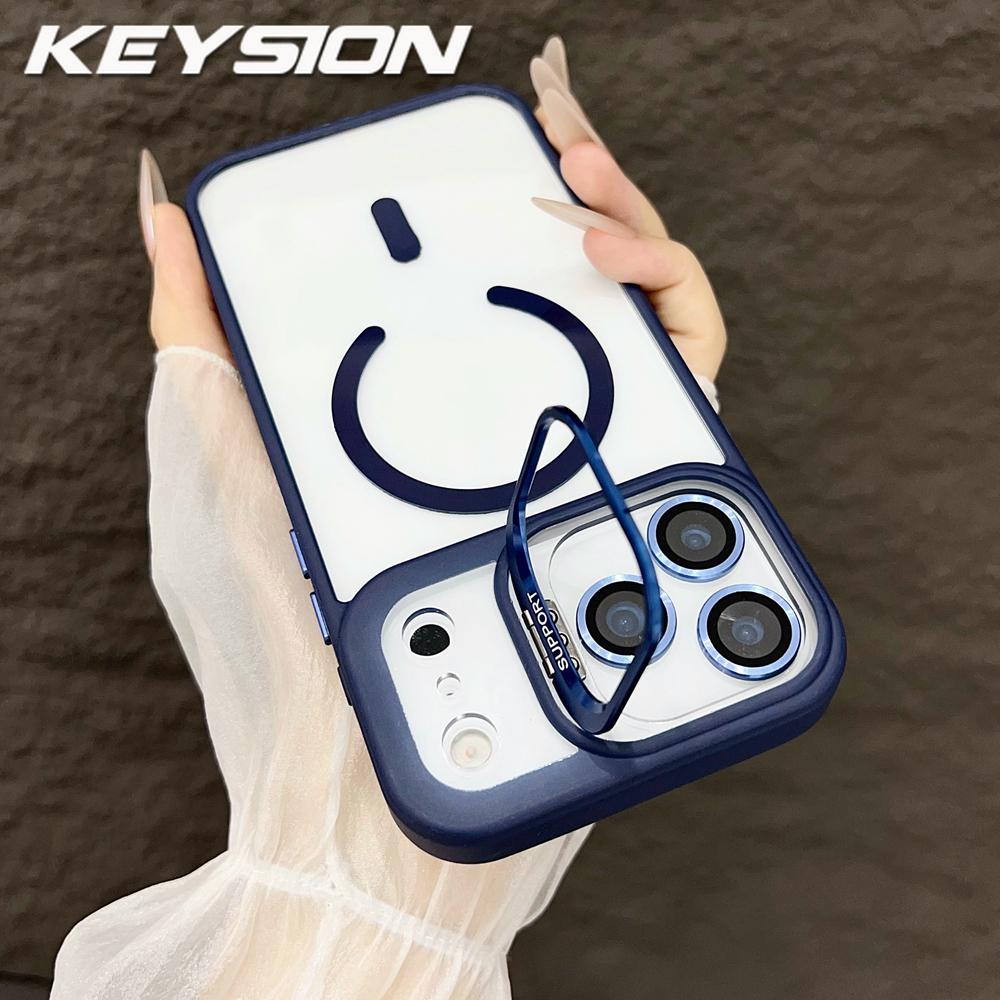 KEYSION Magnetic Transparent Phone Case for MagSafe for iPhone 17 Pro Max 17Air Metal Lens Stand Shockproof Lens Protector Cover