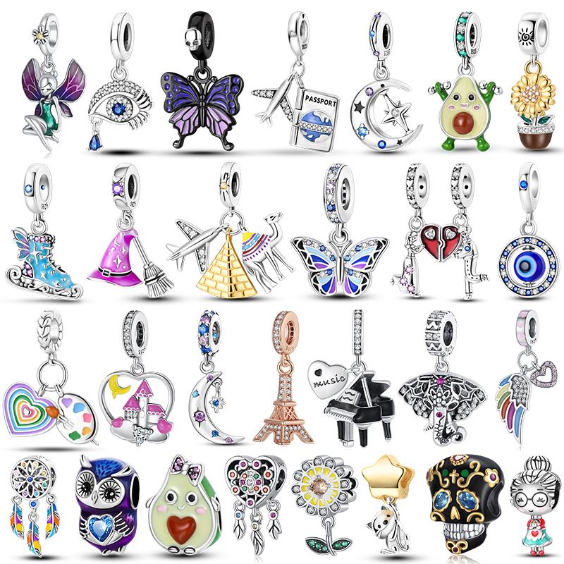 

New 925 Sterling Silver Elephant Bicycle Piano Aircraft Pendant Charms Blue Eyes Bead Fit Original Bracelet DIY Gift For Women