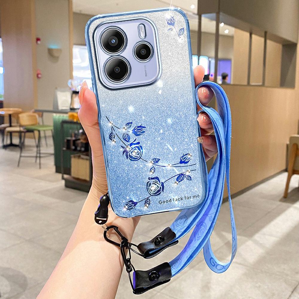 For Xiaomi Redmi Note 14 4G (163.25mm) Case Flower Pattern TPU Gradient Phone Cover with Lanyards