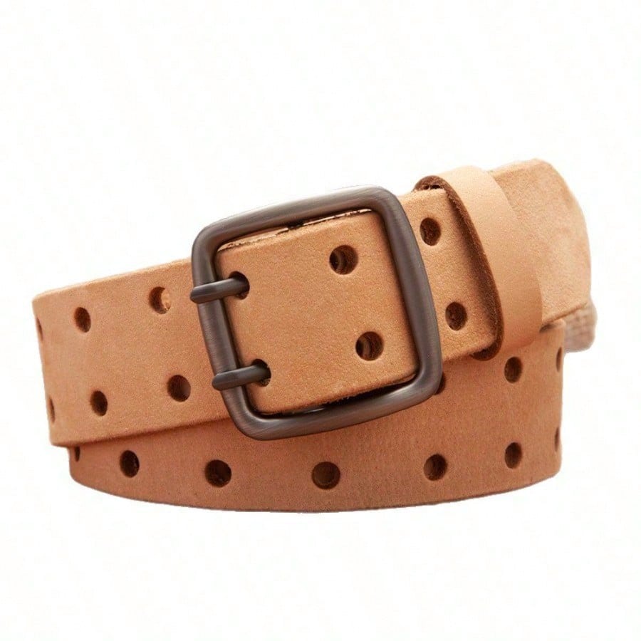 Boucle à Double Aiguille Faite Main pour Jean en Cuir Vintage, Ceinture et Ceinture 110cm beige