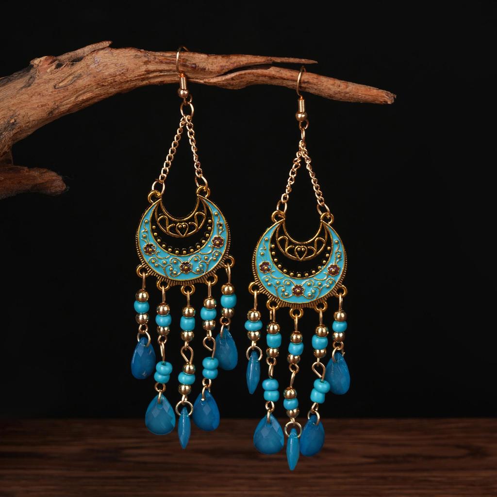 Bohemian Cross-Border Handmade Water Drop Rice Bead Tassel Earrings for Travel Photography
