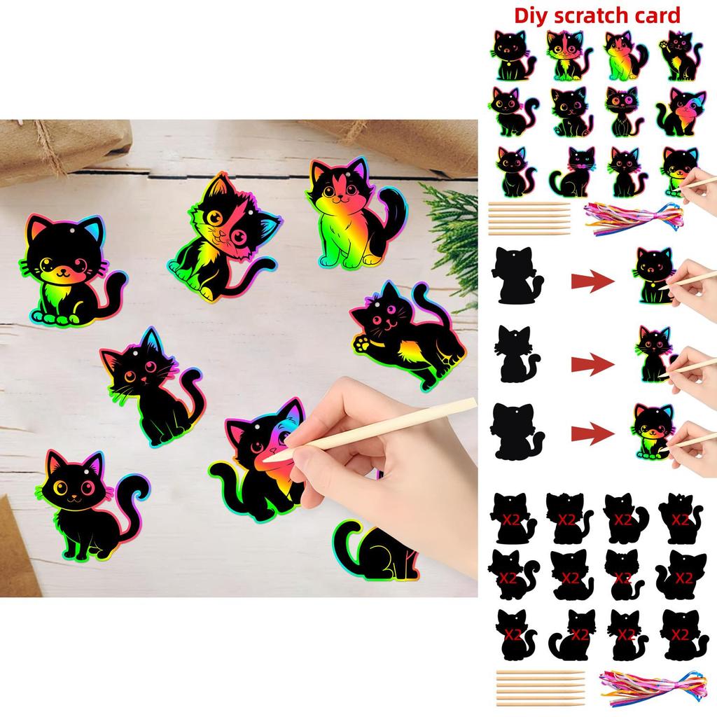 Cat Birthday Party Decor Scratch Card Kit With Colorful Finish And Diy Hanging For Kids Celebrations