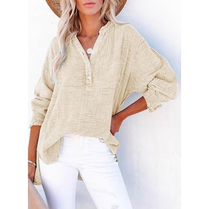 Fashionable Spring Autumn Pleated Button Long Sleeved Solid Color Top Women's Shirt Loose Pure Cotton Pullover Shirt