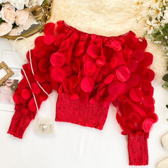 Women Tops Off Shoulder Puff Long Sleeve Elastic Waist Short Tops Perspective Mesh Yarn Casual Tops Party Daily Wear