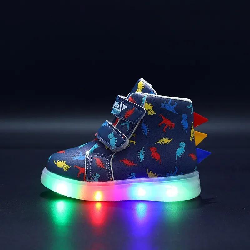 Children's High Top Sneakers 2024 New LED Lighted PU Kids Shoes Fashion Dinosaur Print Boys Casual Shoes Luminous Board Shoes