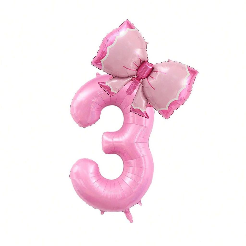 2pcs/Set 32" Pearlescent Pink Number & Bow Foil Balloon, Suitable For Birthday, Valentine's Day, Anniversary Party Decorations
