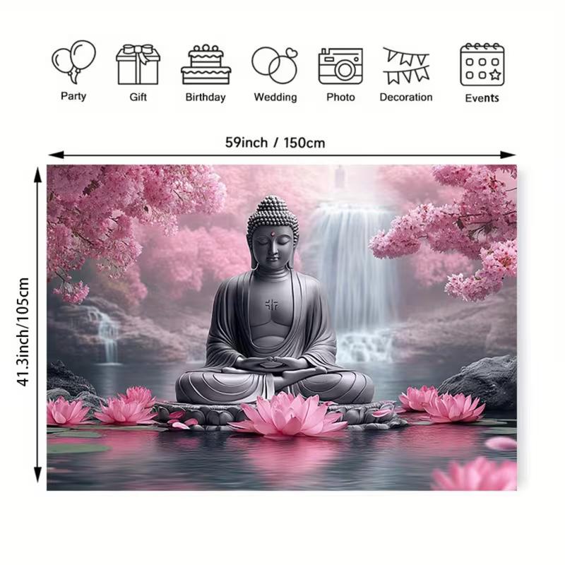 2D Zen Buddha Tapestry Cherry Blossom Waterfall Backdrop Cloth for Living Room
