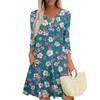 Women's Fashionable V-Neck Button Seven Part Cuff Pocket Floral Dress