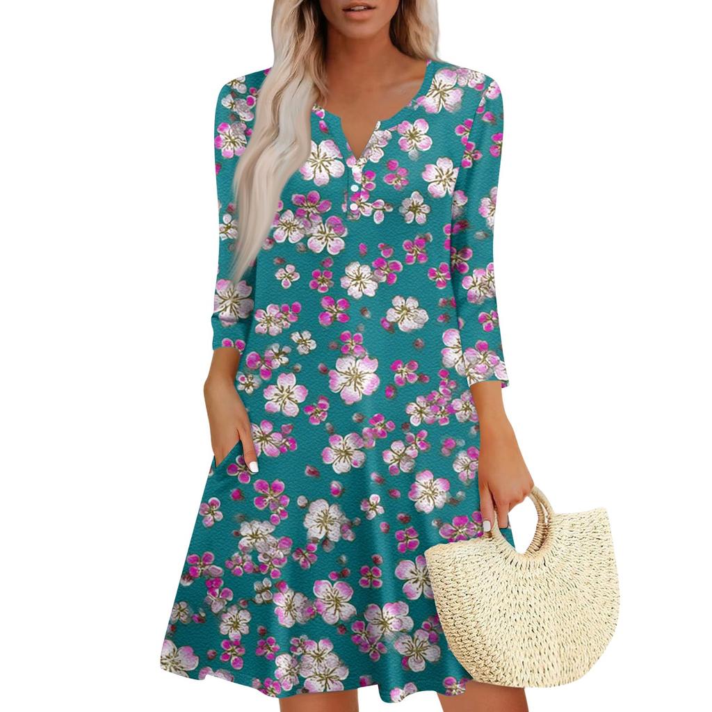 Women's Fashionable V-Neck Button Seven Part Cuff Pocket Floral Dress