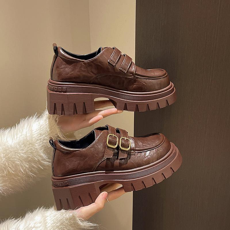 

Thick-soled small leather women s shoes, new autumn one-pedal black single shoes, retro women s shoes 35