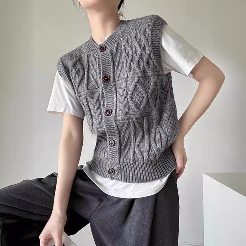 

Spring new women s clothing knitted vest women s retro twist cardigan stacked to wear high-end sweater S серый
