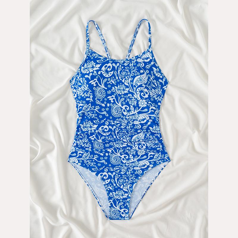 

Пляжный купальник слитный женский собирающий сексуальный на бретелях нижнее белье с открытой спиной купальник модный с принтом XL синий