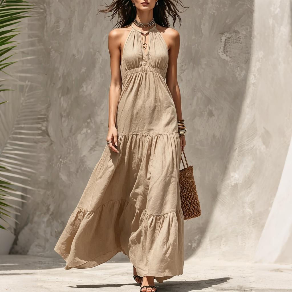 Women V Neck Sleeveless Maxi Dress with Fitted Waist and Tiered Skirt Vacation Style Long Dress for Casual and Daily Wear