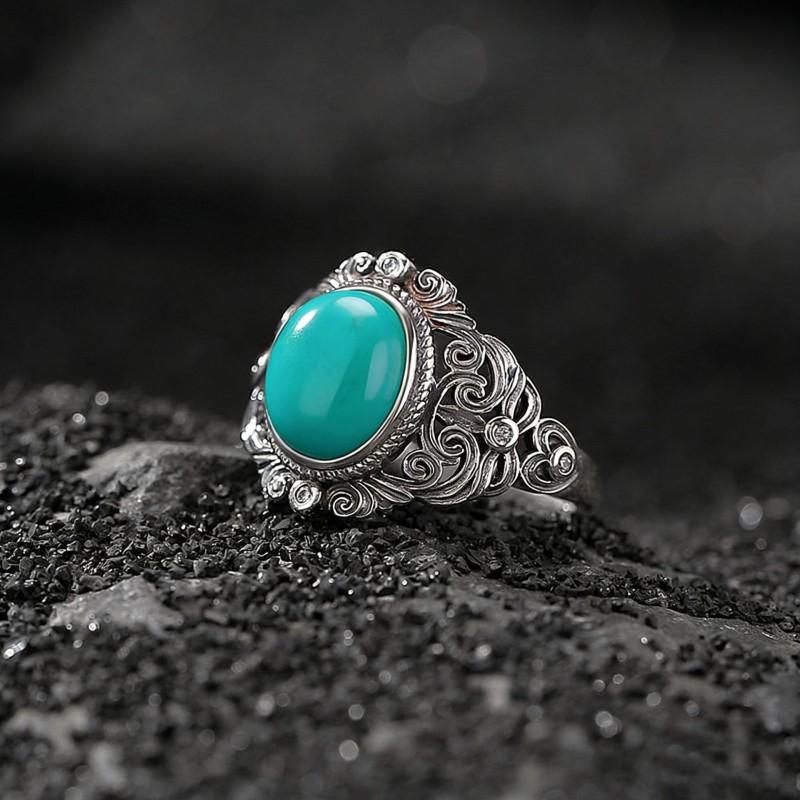 Adjustable Open Ring With Blue Jade Cabochon Vintage Scrollwork Design Men Women